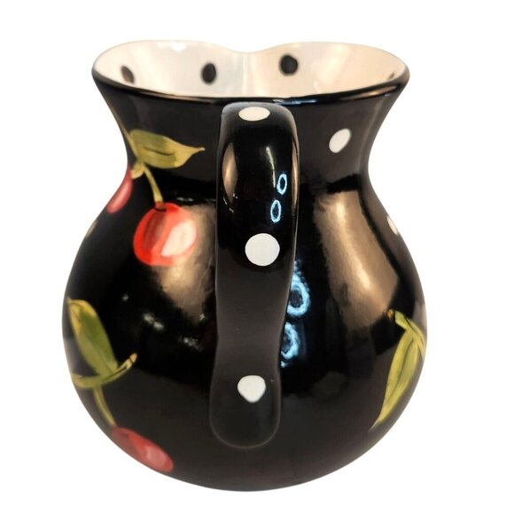 Tabletops Gallery Boulevard Hand Painted Black Ceramic Pitcher With Cherry & Pol - Picture 6 of 8